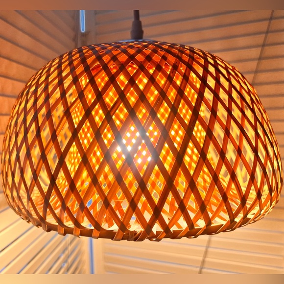 Bamboo Rattan Basket Lamp Light - 11” Diameter, corded pendant - Picture 4 of 12